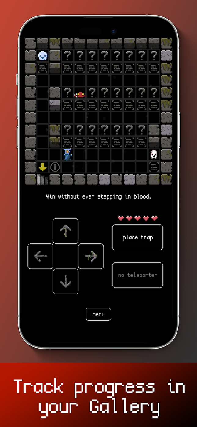 The Smol Dungeon Gallery. The gallery's slots are empty, inviting the player to explore the dungeon and fill the gallery.