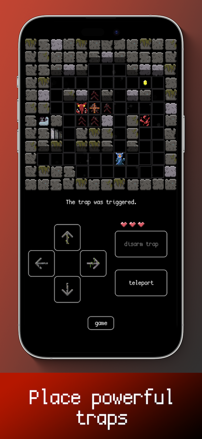 A Smol Dungeon level featuring the player and a monster. The monster has triggered a trap laid by the player.